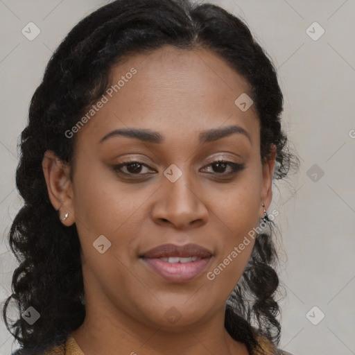 Joyful black young-adult female with long  brown hair and brown eyes