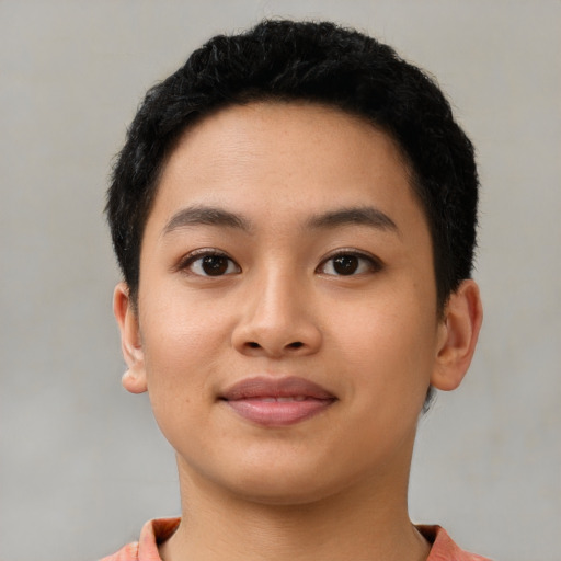 Neutral asian young-adult female with short  black hair and brown eyes