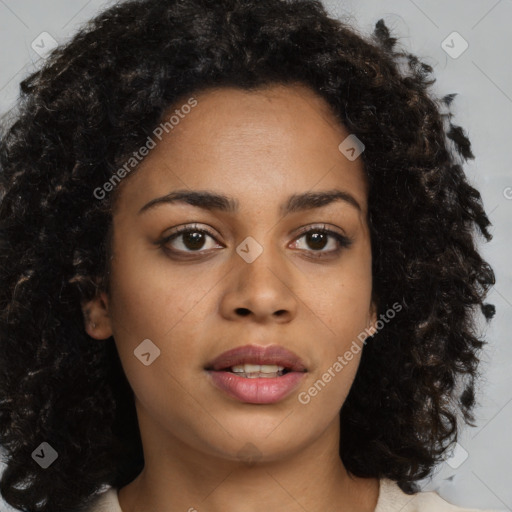 Neutral latino young-adult female with long  brown hair and brown eyes