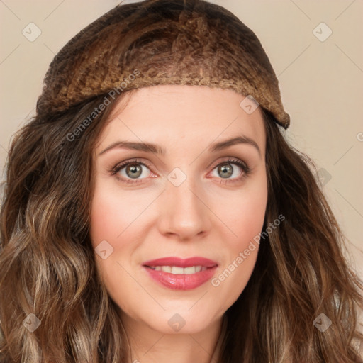 Joyful white young-adult female with long  brown hair and green eyes