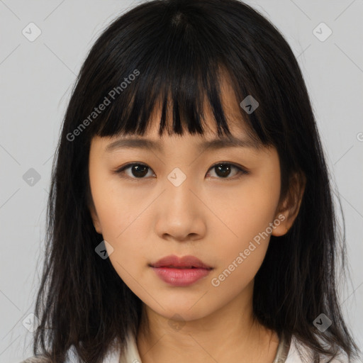 Neutral asian young-adult female with medium  brown hair and brown eyes