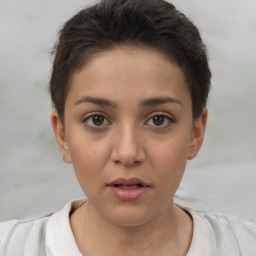 Neutral white young-adult female with short  brown hair and brown eyes