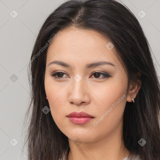 Neutral asian young-adult female with long  brown hair and brown eyes