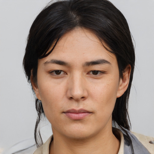 Neutral asian young-adult female with medium  black hair and brown eyes