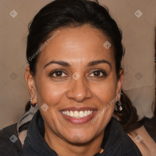 Joyful white adult female with medium  brown hair and brown eyes