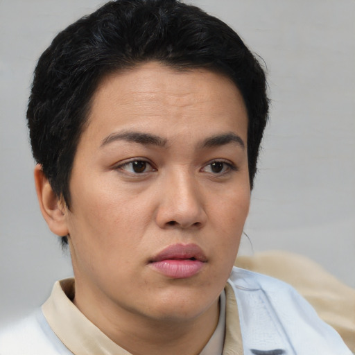 Neutral asian young-adult female with short  brown hair and brown eyes