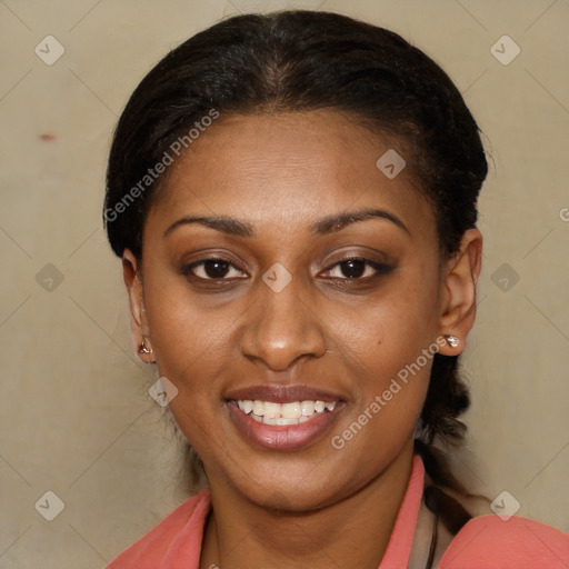 Joyful latino young-adult female with medium  brown hair and brown eyes