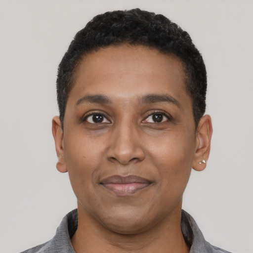 Joyful black young-adult male with short  black hair and brown eyes