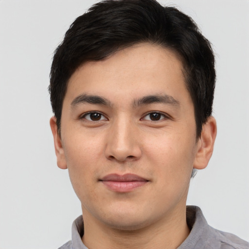 Neutral asian young-adult male with short  brown hair and brown eyes
