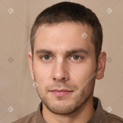 Neutral white young-adult male with short  brown hair and brown eyes