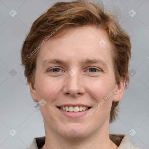 Joyful white adult female with medium  brown hair and grey eyes