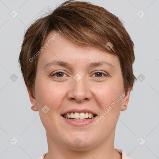 Joyful white young-adult female with short  brown hair and grey eyes