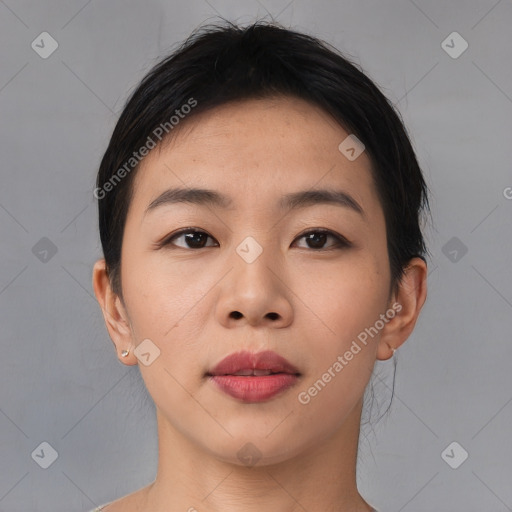 Neutral asian young-adult female with short  brown hair and brown eyes