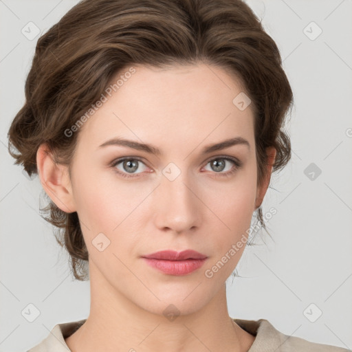 Neutral white young-adult female with medium  brown hair and grey eyes