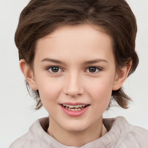 Joyful white child female with medium  brown hair and brown eyes