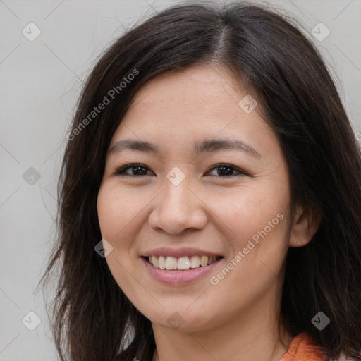 Joyful white young-adult female with long  brown hair and brown eyes