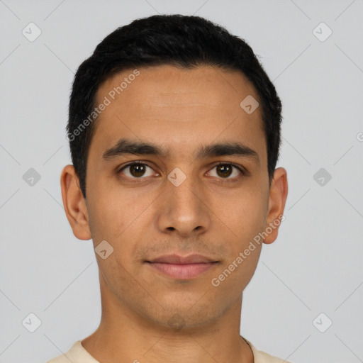 Neutral latino young-adult male with short  black hair and brown eyes