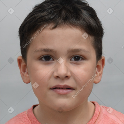 Joyful white child female with short  brown hair and brown eyes