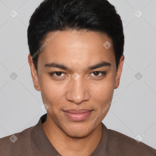 Joyful white young-adult male with short  black hair and brown eyes