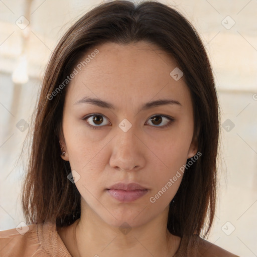 Neutral white young-adult female with medium  brown hair and brown eyes