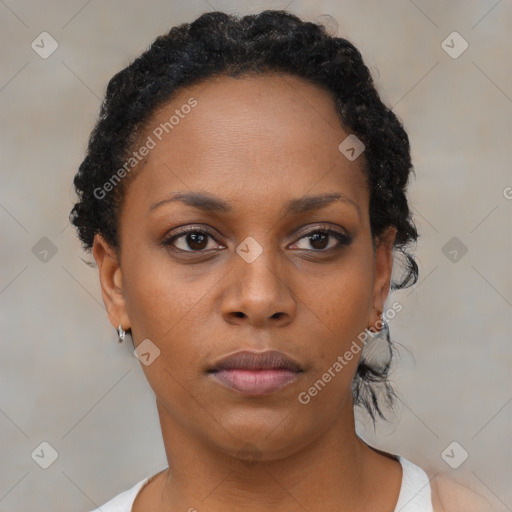 Neutral black young-adult female with short  black hair and brown eyes