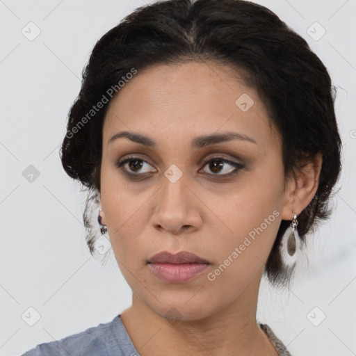 Joyful asian young-adult female with medium  black hair and brown eyes