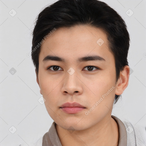 Neutral asian young-adult male with short  brown hair and brown eyes