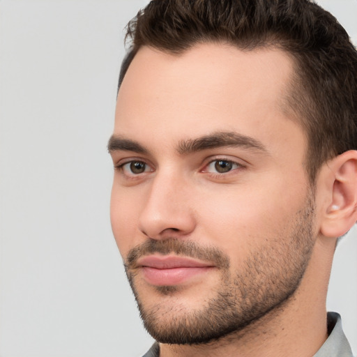 Neutral white young-adult male with short  brown hair and brown eyes