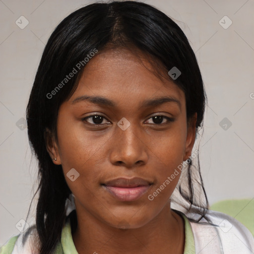 Neutral asian young-adult female with medium  black hair and brown eyes