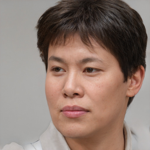 Neutral asian young-adult male with short  brown hair and brown eyes