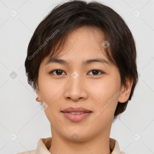 Joyful white young-adult female with medium  brown hair and brown eyes