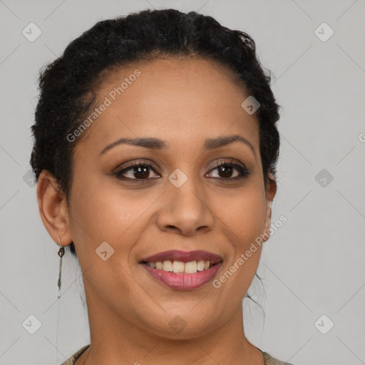 Joyful latino young-adult female with short  brown hair and brown eyes