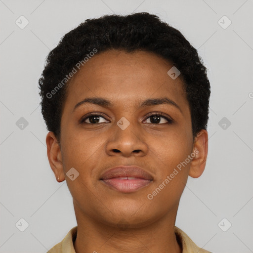 Neutral black young-adult female with short  brown hair and brown eyes