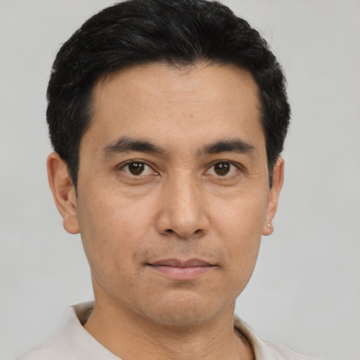 Neutral asian young-adult male with short  black hair and brown eyes