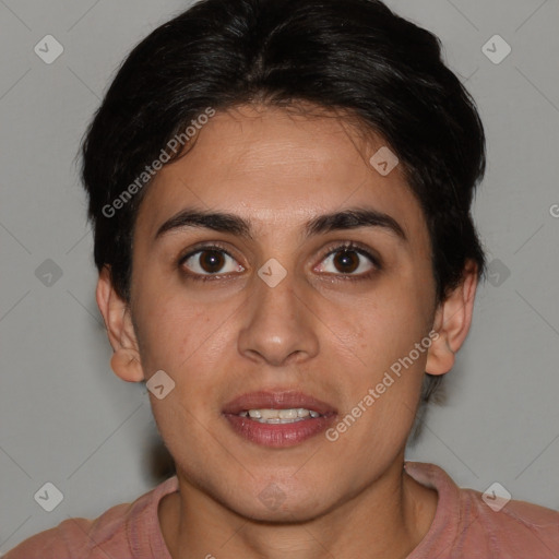 Joyful white young-adult female with short  brown hair and brown eyes