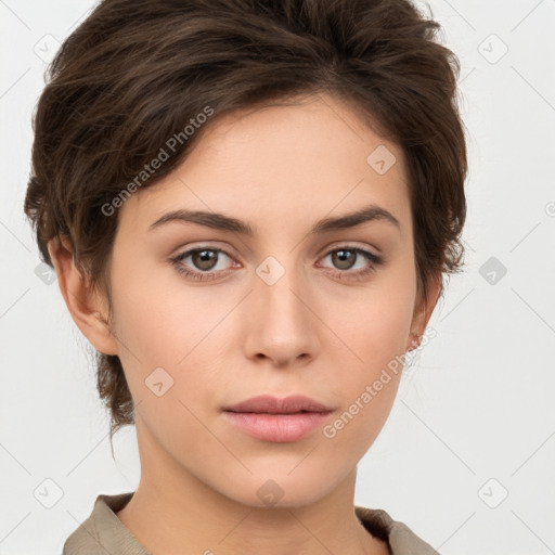 Neutral white young-adult female with short  brown hair and brown eyes