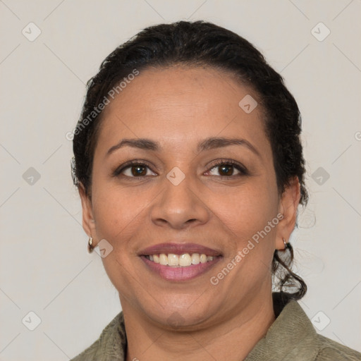 Joyful white adult female with short  brown hair and brown eyes