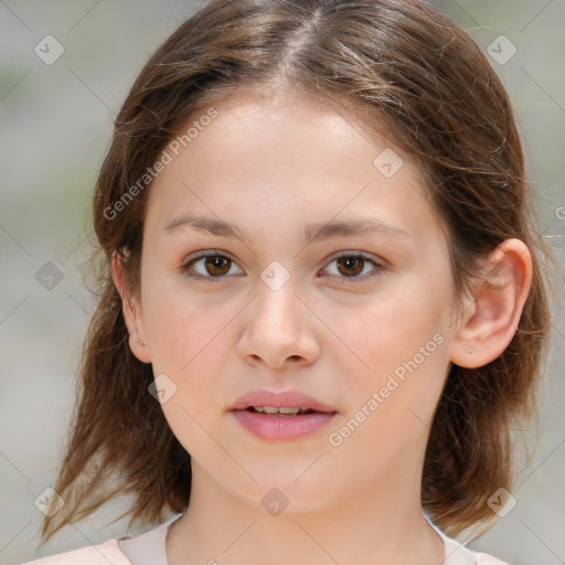 Joyful white child female with medium  brown hair and brown eyes