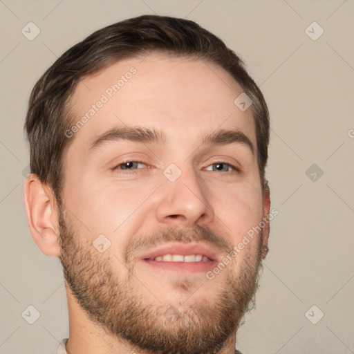 Neutral white young-adult male with short  brown hair and brown eyes