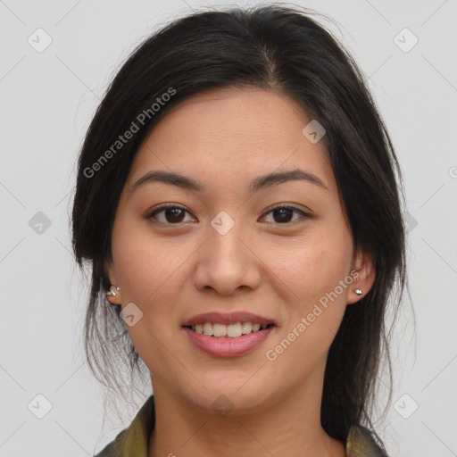 Joyful asian young-adult female with medium  brown hair and brown eyes