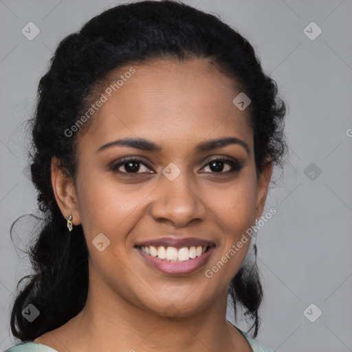 Joyful latino young-adult female with long  brown hair and brown eyes