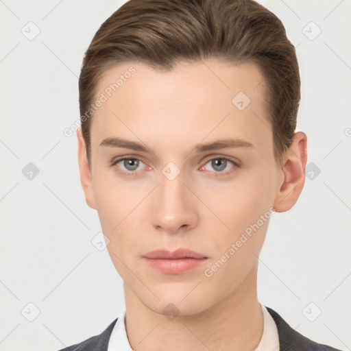 Neutral white young-adult male with short  brown hair and brown eyes