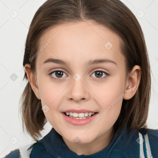 Joyful white child female with medium  brown hair and brown eyes