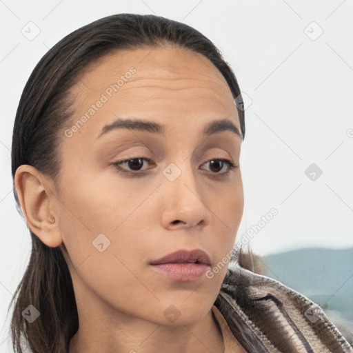 Neutral white young-adult female with long  brown hair and brown eyes