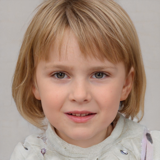 Joyful white child female with medium  brown hair and blue eyes