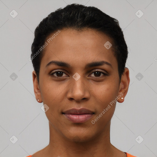 Joyful latino young-adult female with short  black hair and brown eyes