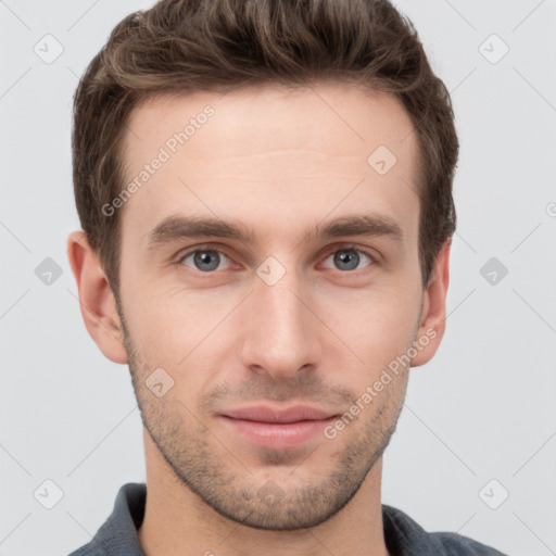 Neutral white young-adult male with short  brown hair and grey eyes