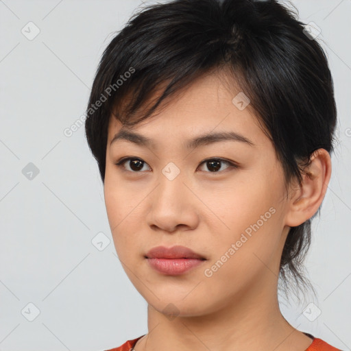 Neutral asian young-adult female with medium  brown hair and brown eyes