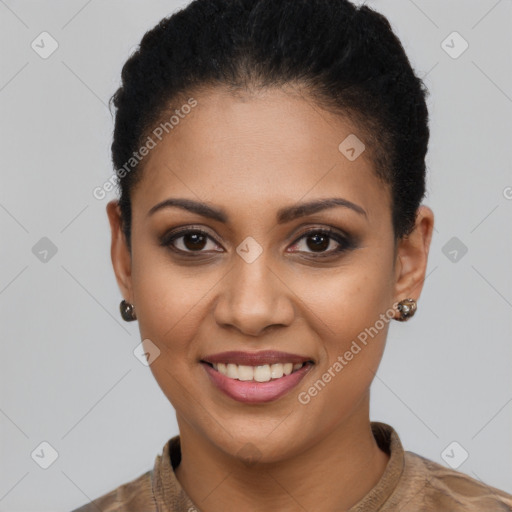 Joyful black young-adult female with short  brown hair and brown eyes