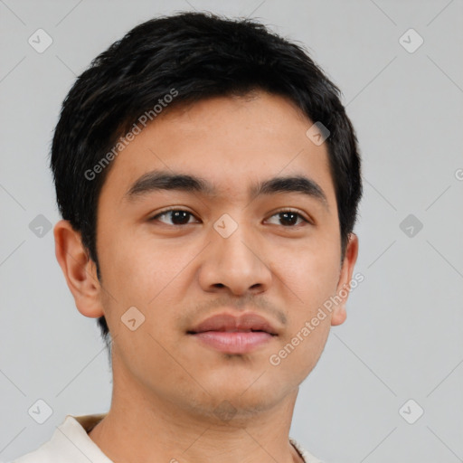 Neutral asian young-adult male with short  black hair and brown eyes